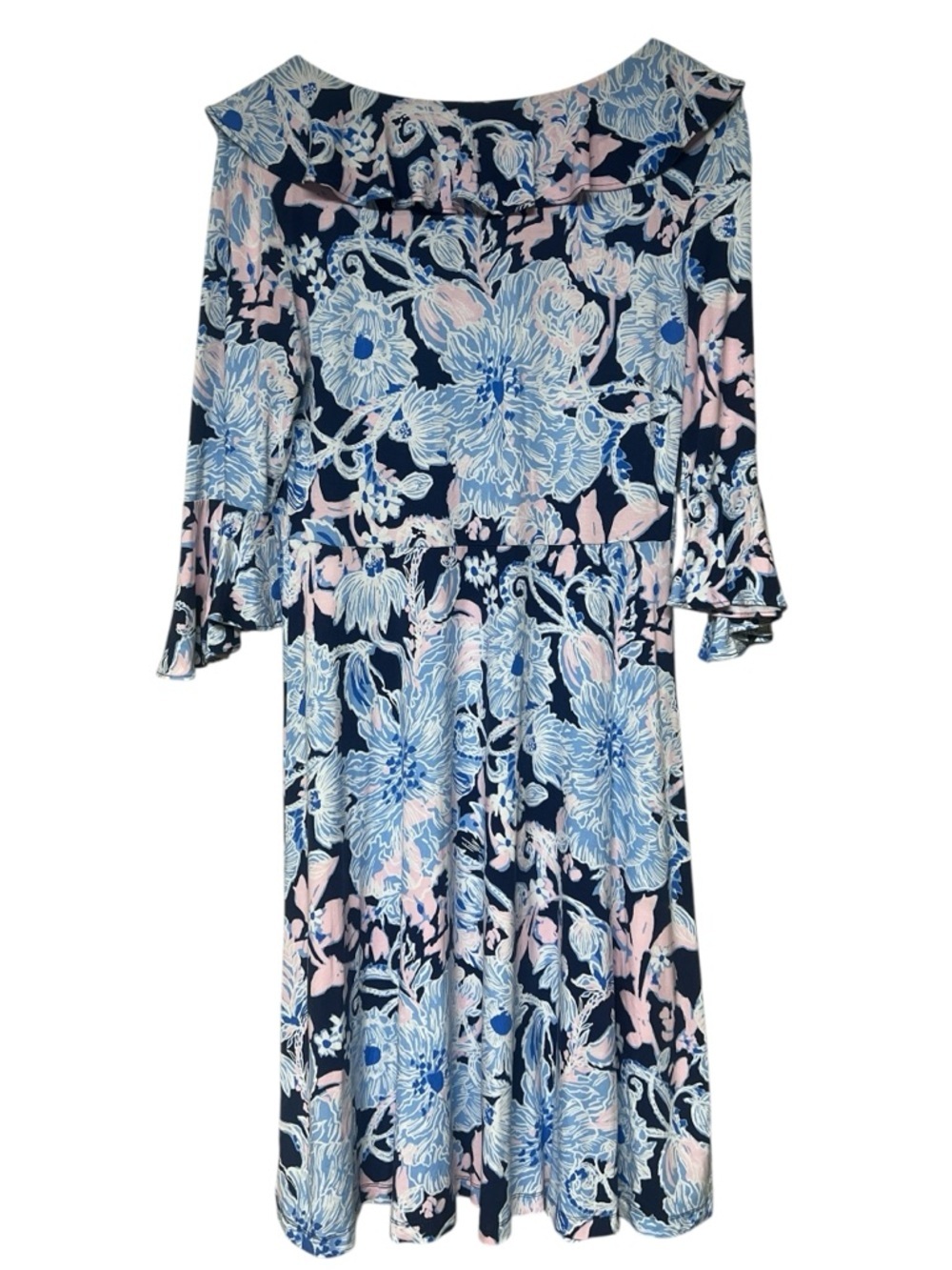 Lily Pulitzer stirling ruffle dress v-neck 3/4 sleeve bright navy amore please - Picture 4 of 10